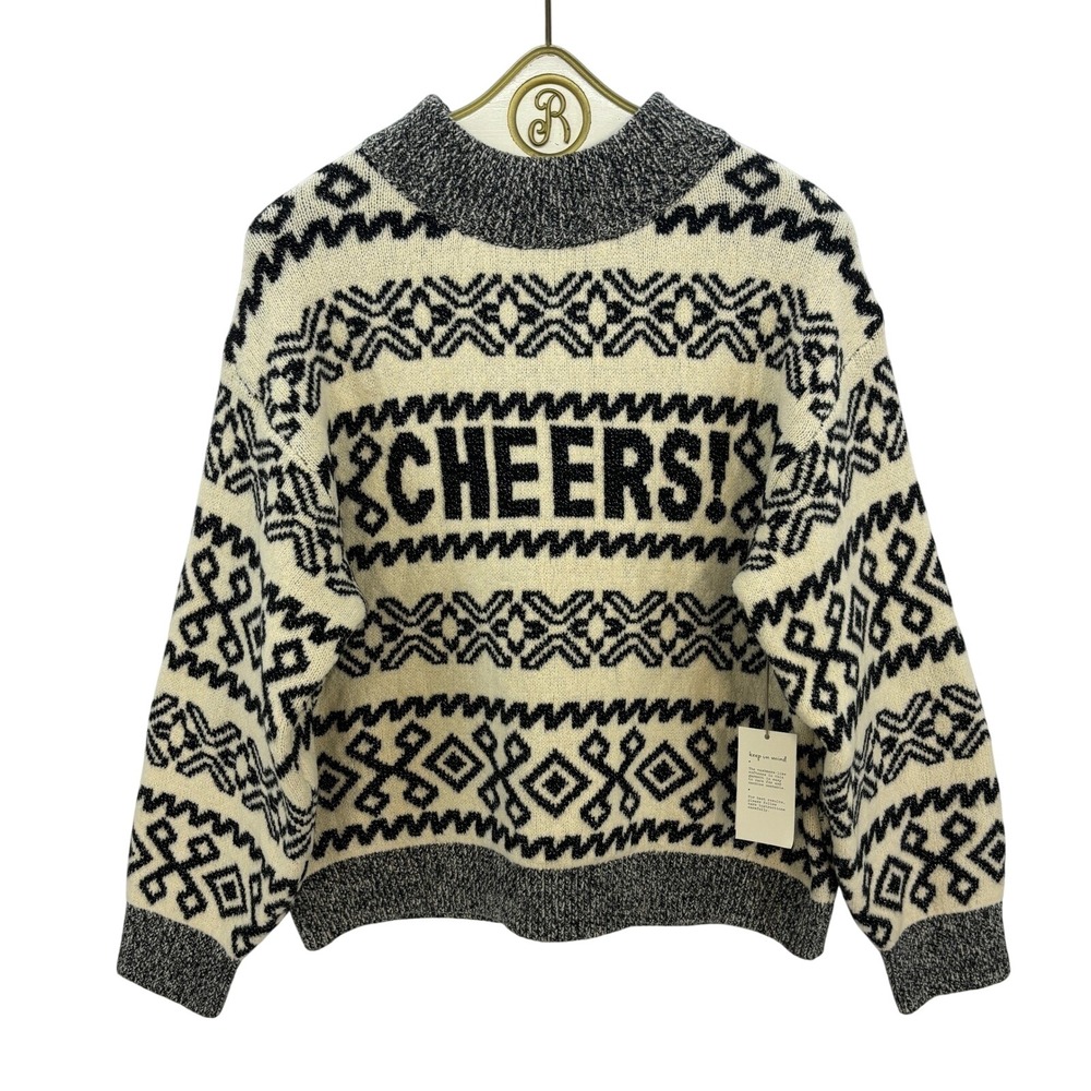 A New Day Fair Isle Cheers Knit Sweater Women's LARGE Cream Black Holiday Winter